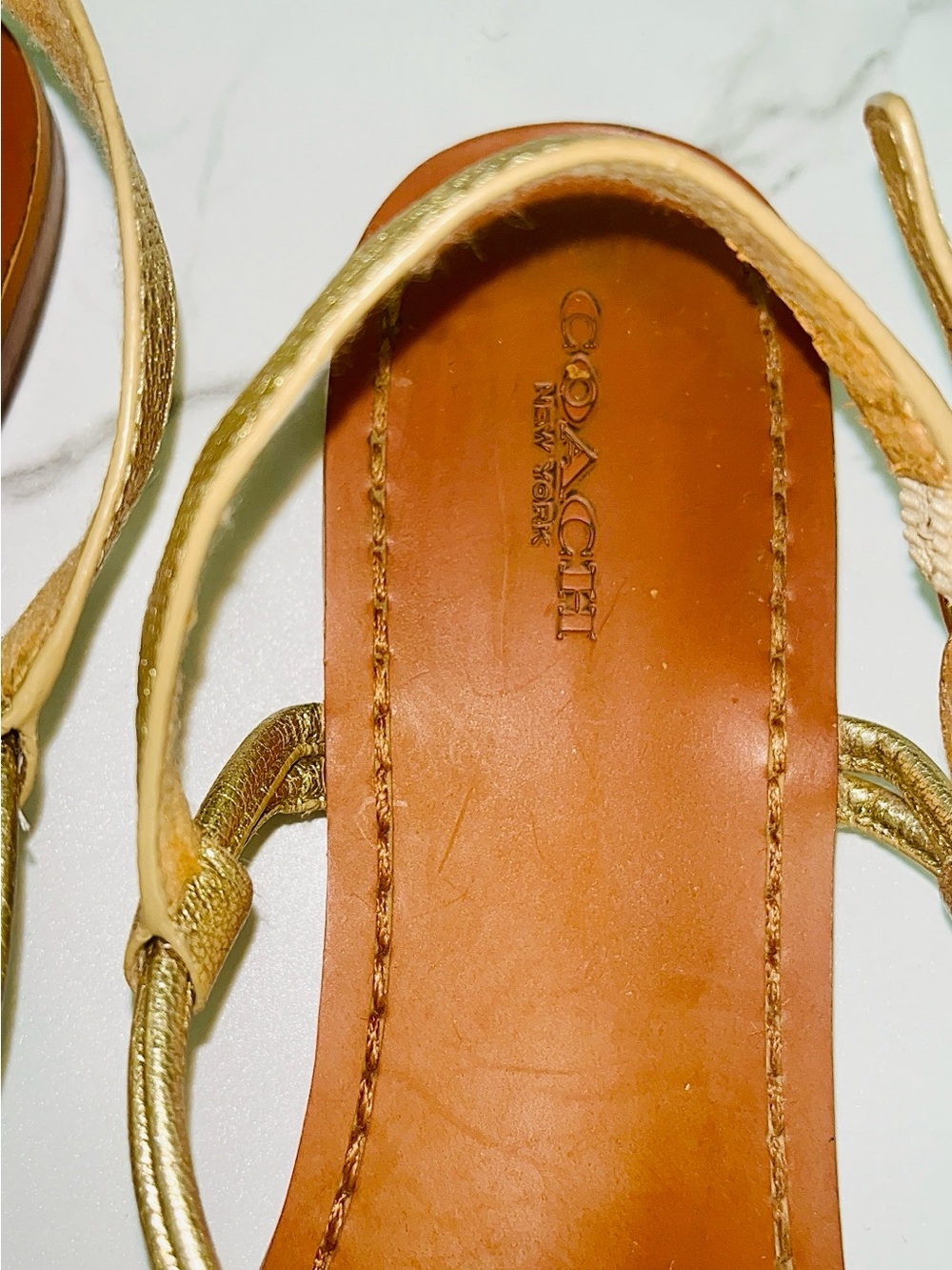 Coach Gold Leather T-Strap Sandals with Brown Footbed - Picture 7 of 9